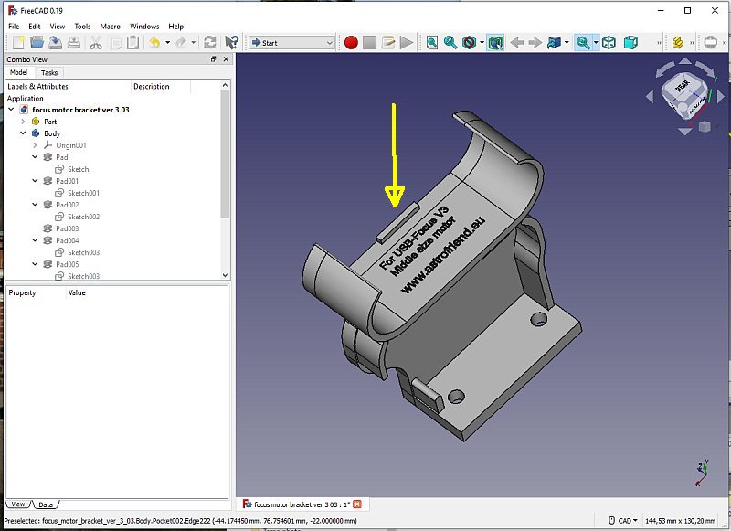 3D CAD: motor focuser bracket