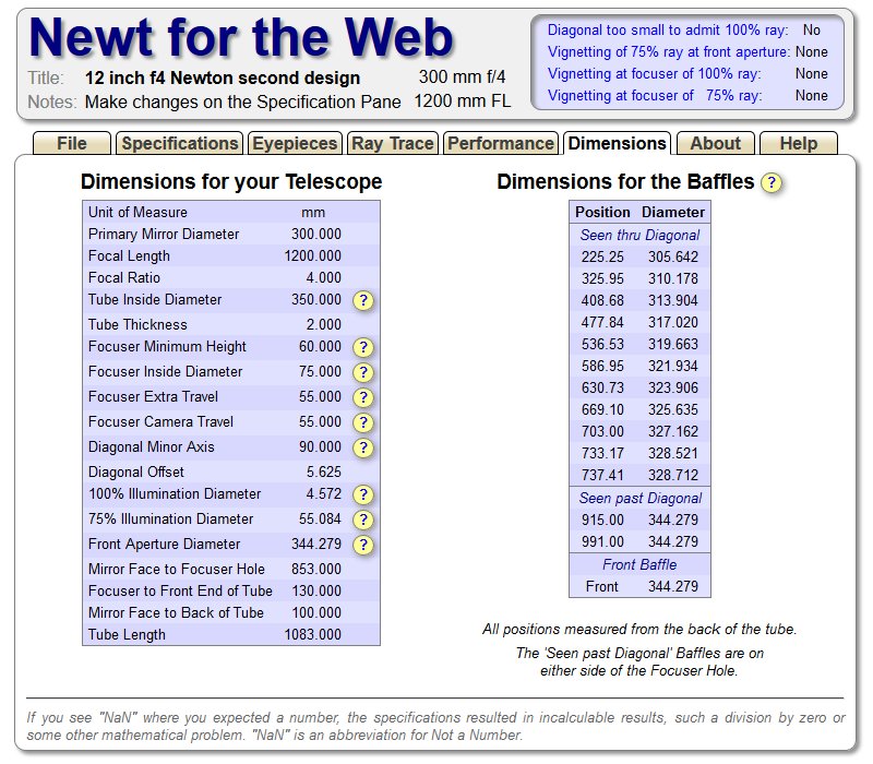 Design a Newton telescope with the Newt-Web tool, 12 inch f/4