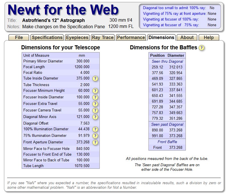 Design a Newton telescope with the Newt-Web tool, 12 inch f/4