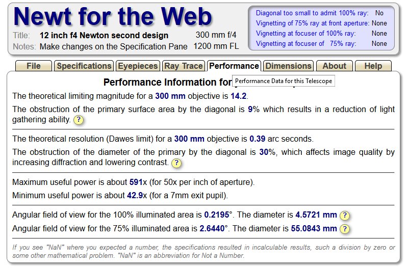 Design a Newton telescope with the Newt-Web tool, 12 inch f/4
