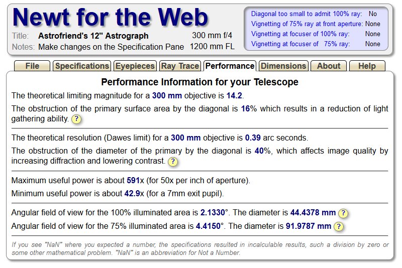 Design a Newton telescope with the Newt-Web tool, 12 inch f/4