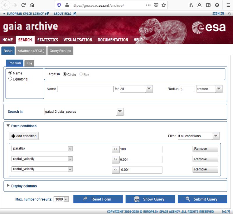 Gaia archive search window