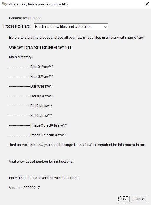 AstroImageJ macro: Main menu, batch processing raw files