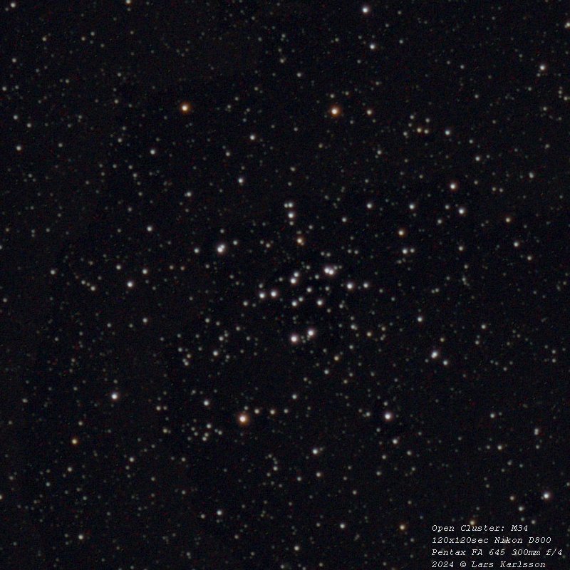 M34 Open cluster, Nikon D800, Pentax FA 645 300 mm ED f/4, 2024