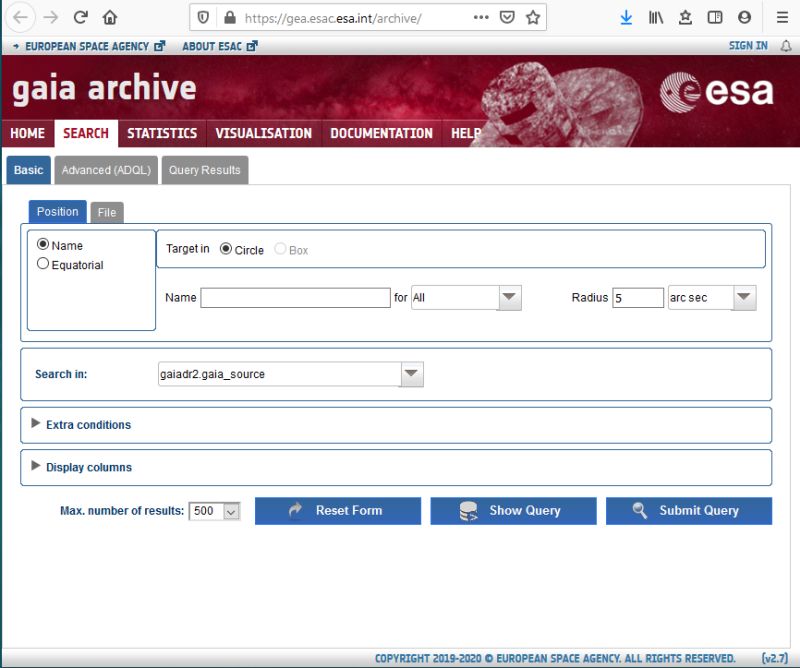 Gaia archive search window