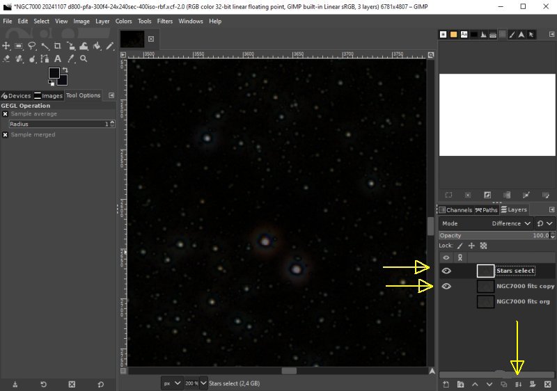 Separation of stars and Deep Sky Objects, Gimp