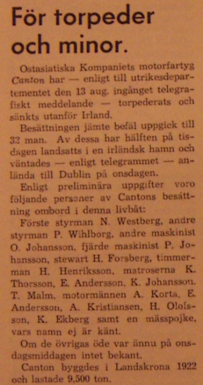 M/S Canton sänks av torped, 1940 augusti